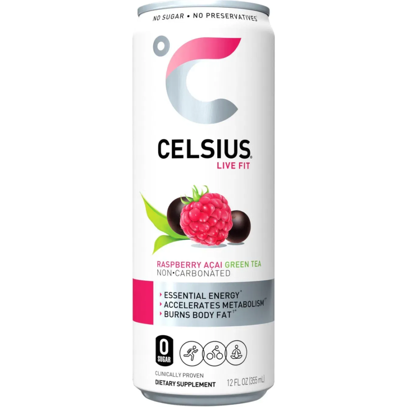 Celsius Raspberry Acai Green Tea Non Carbonated Fitness Drink 12x 12oz Cans